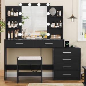 Quimoo 48" Large Vanity Desk with Mirror and Lights, Makeup Vanity with 6 Drawers, Power Outlet, Vanity Makeup Mirror Desk Table Set with 4 Storage Shelves & Stool, Best Gift for Women Girls,Black