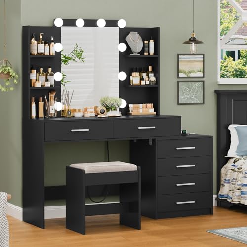 Quimoo 48" Large Vanity Desk with Mirror and Lights, Makeup Vanity with 6 Drawers, Power Outlet, Vanity Makeup Mirror Desk Table Set with 4 Storage Shelves & Stool, Best Gift for Women Girls,Black