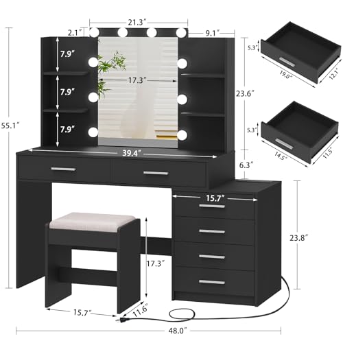 Quimoo 48" Large Vanity Desk with Mirror and Lights, Makeup Vanity with 6 Drawers, Power Outlet, Vanity Makeup Mirror Desk Table Set with 4 Storage Shelves & Stool, Best Gift for Women Girls,Black