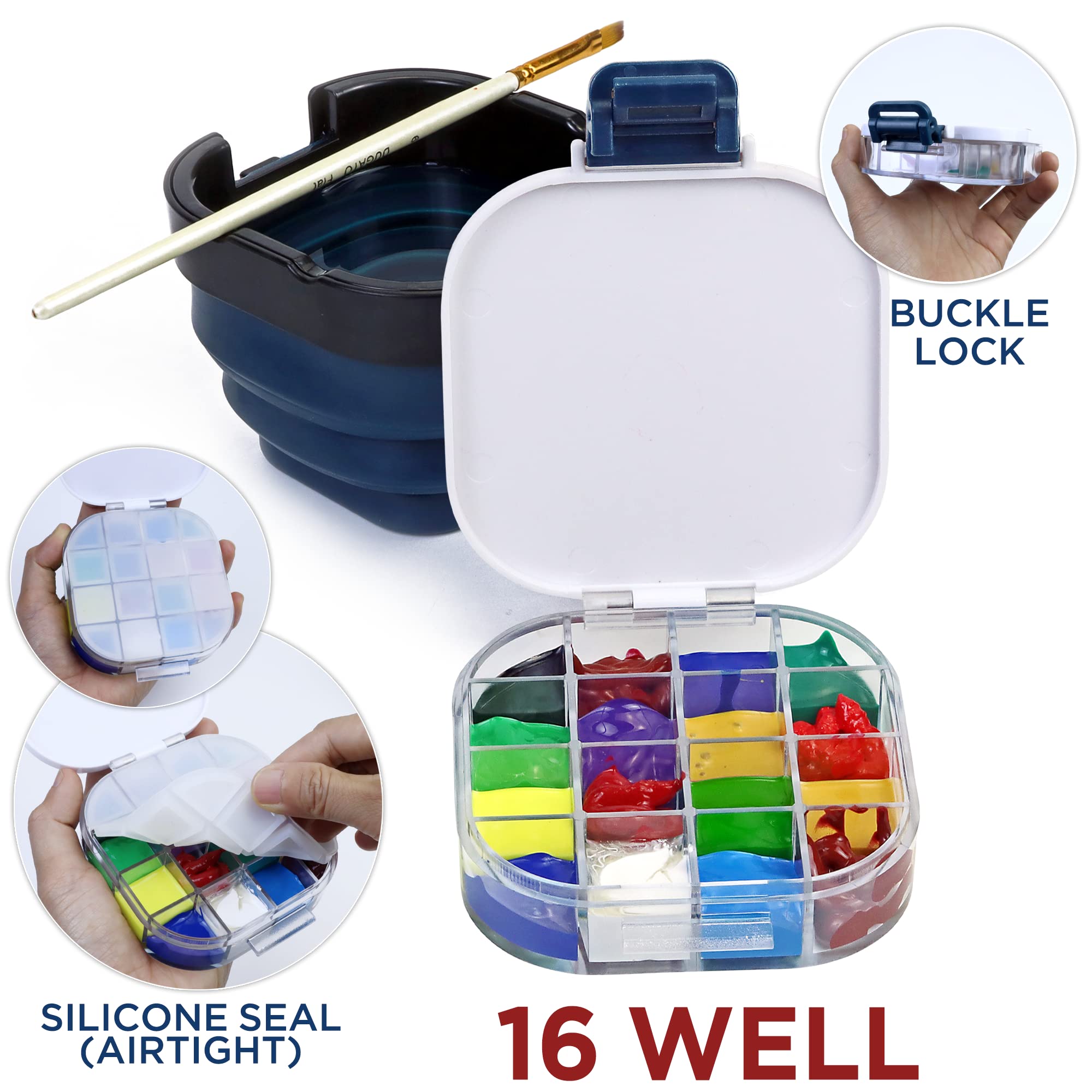 Airtight Paint Saver Storage Palette Box, 16-Well Palette Box with Lid, Include Paint Brush Basin, Perfect for Gouache, Acrylic, Watercolor and Oil Paint (Blue)