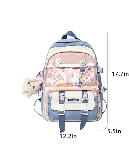 vfdgsaz Cute Kawaii Backpack with cute card plush pendant,Lovely Pastel Rucksack,Aesthetic backpack for girls and teens (blue,one size)