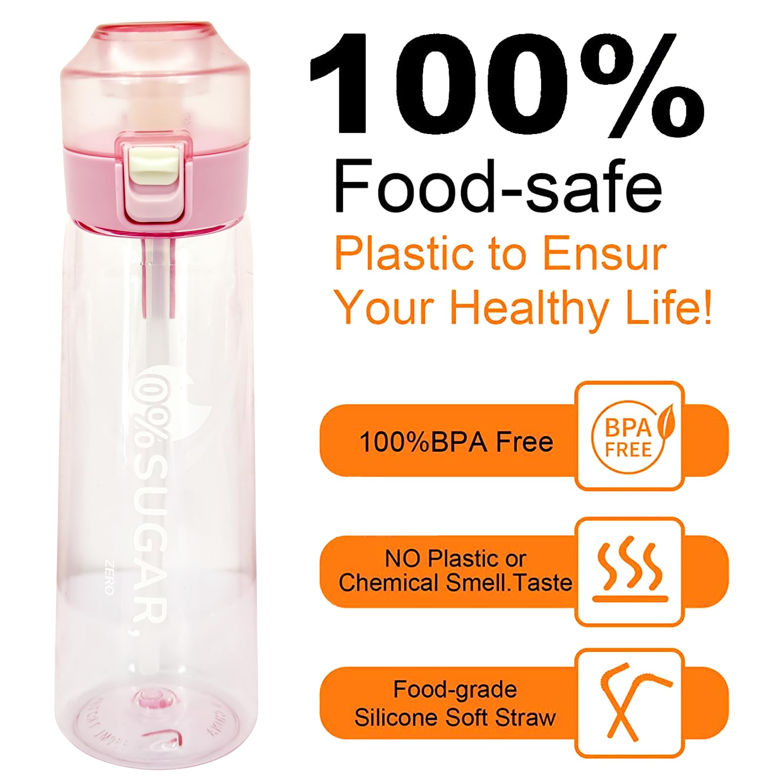 ECENUR Sports Air Water Bottle Tritan 650ml Starter up Set Drinking Bottles with 7 Flavour Pods Scented for Flavouring 0 Sugar, 0 Calorie (Pink)