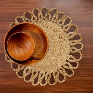 MORE Jute Hand Braided Placemats Set of 6 | 15 Inches Round Tablemats for Kitchen Dining Table Top Rug Mats & Dinner Table Plate Pads Mates | Rustic Natural Fiber Vintage Rugs Mat, Natural Beige