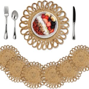 MORE Jute Hand Braided Placemats Set of 6 | 15 Inches Round Tablemats for Kitchen Dining Table Top Rug Mats & Dinner Table Plate Pads Mates | Rustic Natural Fiber Vintage Rugs Mat, Natural Beige