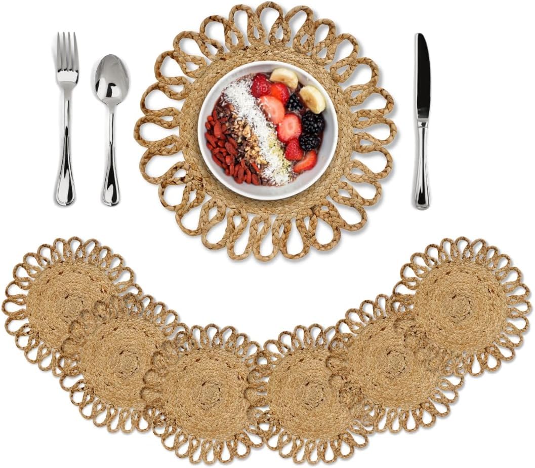 MORE Jute Hand Braided Placemats Set of 6 | 15 Inches Round Tablemats for Kitchen Dining Table Top Rug Mats & Dinner Table Plate Pads Mates | Rustic Natural Fiber Vintage Rugs Mat, Natural Beige