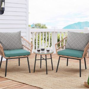 SWISH WEAVERS 3 Piece Patio Bistro Set Outdoor Furniture All-Weather Wicker Conversation Set with Tempered Coffee Table and Wicker Chairs for Garden Balcony Backyard Yard Poolside (Green)