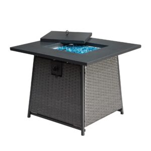 Domi 28 Inch Propane Fire Pits Table with Blue Glass Ball,50,000 BTU Outdoor Wicker Fire Table with ETL-Certified,2-in-1 Square Steel Gas Firepits