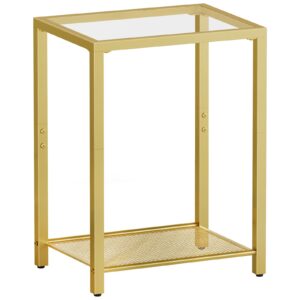 hoobro side table, 2-tier end table, nightstand for tight spaces, tempered glass bedside table, modern metal frame, for office, bedroom, living room, study, gold gd76bz01