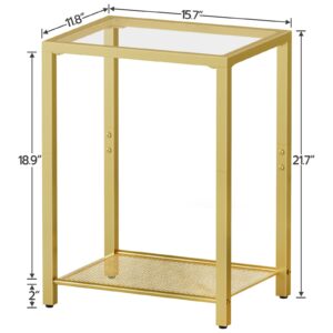 HOOBRO Side Table, 2-Tier End Table, Nightstand for Tight Spaces, Tempered Glass Bedside Table, Modern Metal Frame, for Office, Bedroom, Living Room, Study, Gold GD76BZ01