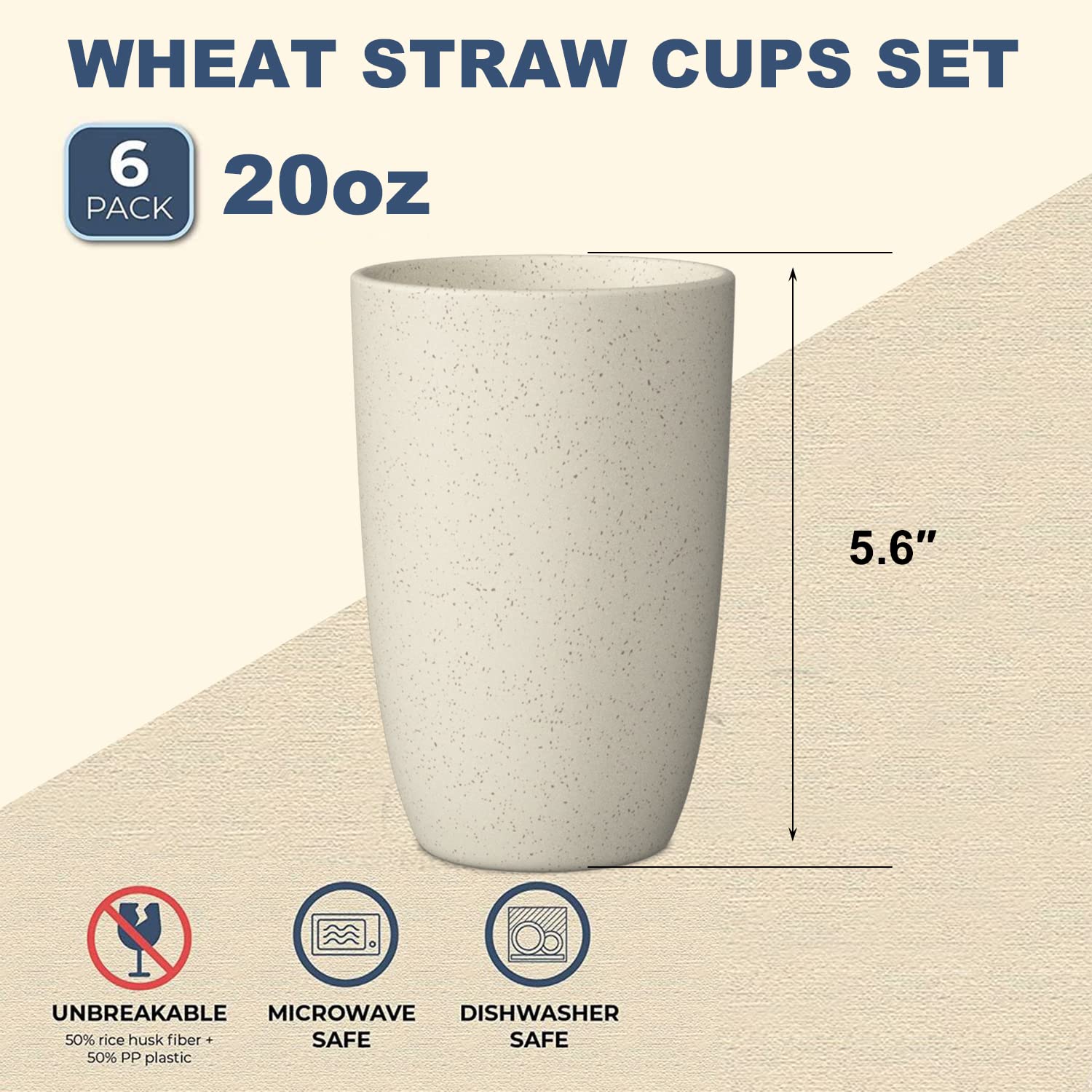 Wrova Wheat Straw Cups 6 PCS Good Alternative to Plastic Reusable Cups 20 oz Unbreakable Drinking Cup Reusable Dishwasher Safe Water Plastic Glasses Beige