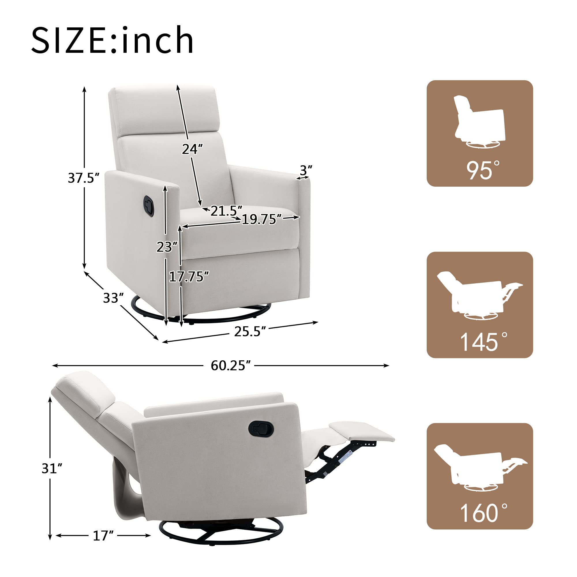 Swivel Recliner Chair, Glider Chair for Nursery, Upholstered Theater Seating, Modern Rocker Recliner Chair, Swivel Single Sofa Reclining Lounge Chair, Beige