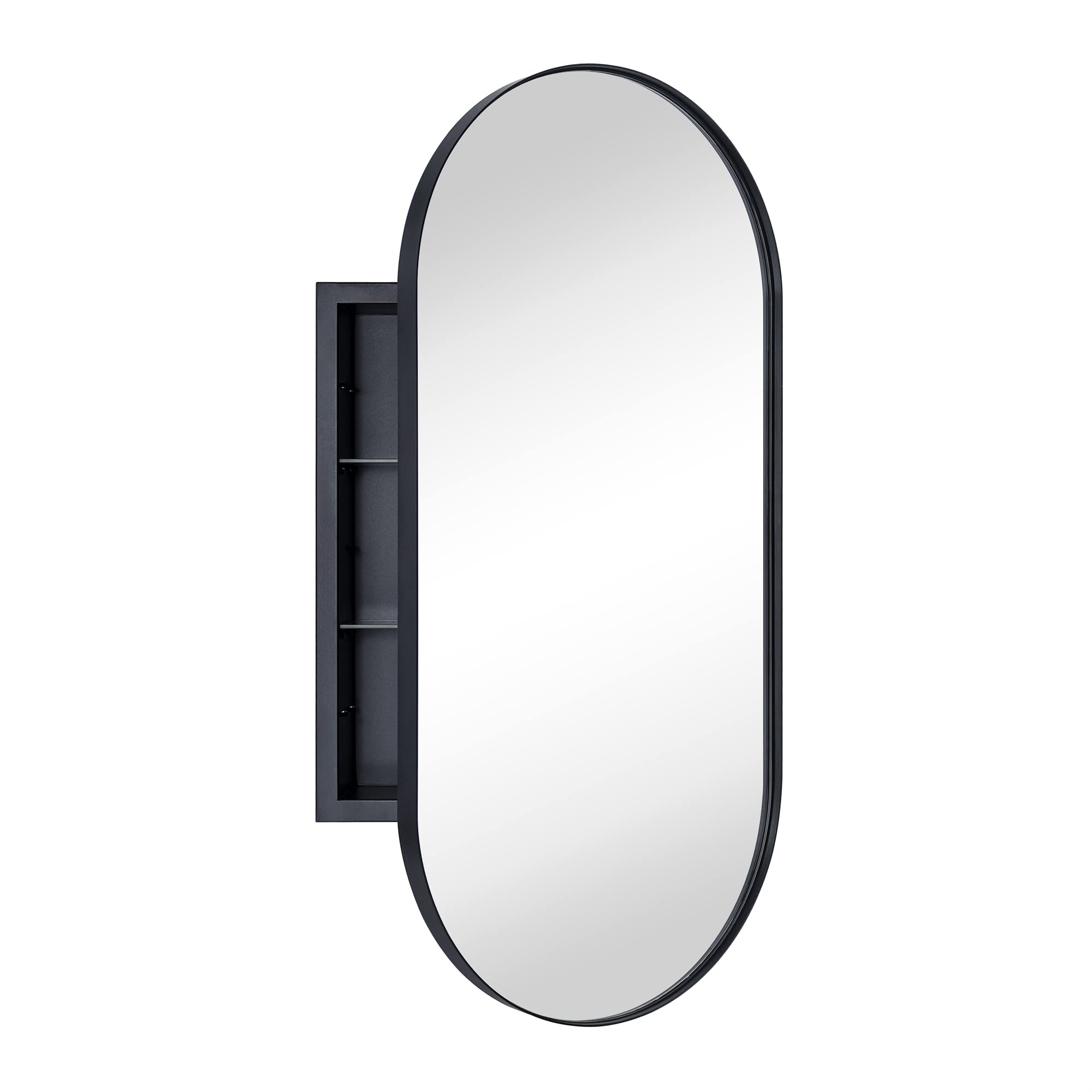 EGHOME Matte Black Oval Recessed Bathroom Medicine Cabinet with Mirror Stainless Steel Metal Framed Oblong Pill Shaped Bathroom Cabinet with Mirror 16x33''