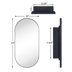 EGHOME Matte Black Oval Recessed Bathroom Medicine Cabinet with Mirror Stainless Steel Metal Framed Oblong Pill Shaped Bathroom Cabinet with Mirror 16x33''