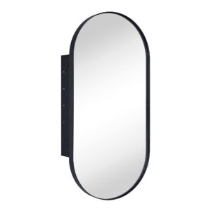 EGHOME Matte Black Oval Recessed Bathroom Medicine Cabinet with Mirror Stainless Steel Metal Framed Oblong Pill Shaped Bathroom Cabinet with Mirror 16x33''