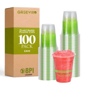 greeviro eco compostable plant-based clear plastic cups 12oz thick, reusable, disposable iced coffee cups for smoothies, beer & any beverages for parties, weddings & gatherings