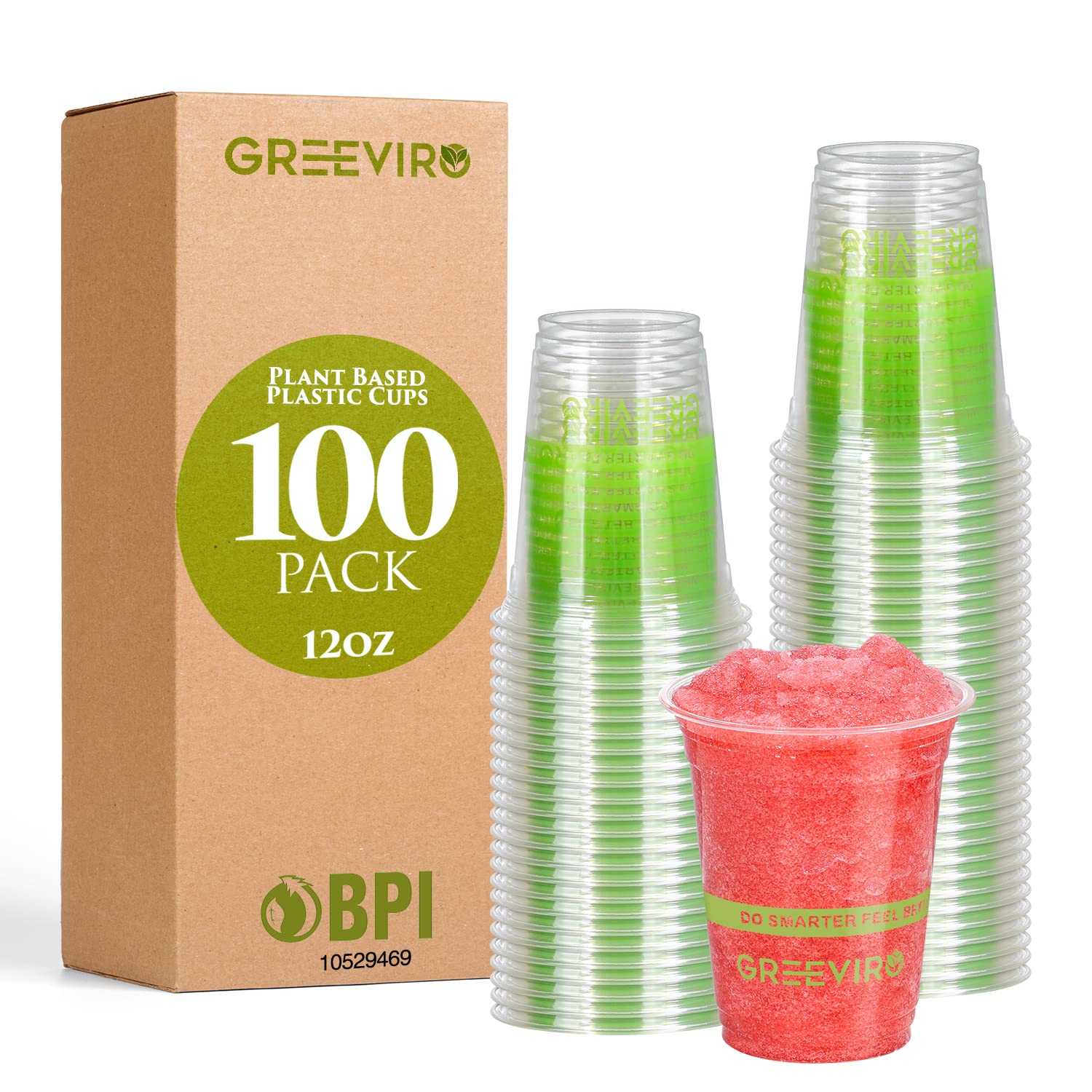 GREEVIRO Eco Compostable Plant-Based Clear Plastic Cups 12oz Thick, Reusable, Disposable Iced Coffee Cups for Smoothies, Beer & Any Beverages for Parties, Weddings & Gatherings