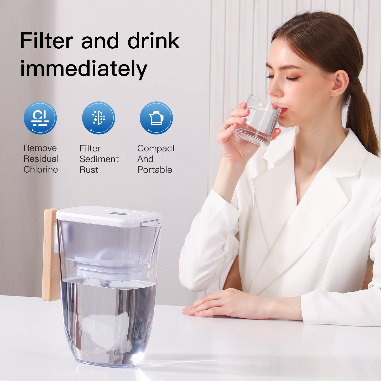 FACHIOO 200-Gallon Long-Life Chubby 10-Cup Water Filter Pitcher with 1 Filter, 5X Times Lifetime, Reduces PFAS, PFOA/PFOS, Chlorine, BPA Free, Last Up to 3 Months, White