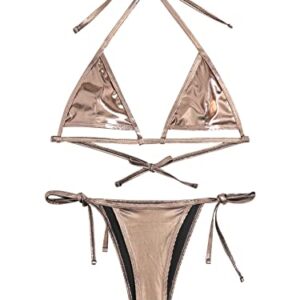 GORGLITTER Women's Sexy Metallic Swimsuit Cut Out Triangle Bikini Set Tie Side Thong Bathing Suit Champagne Medium