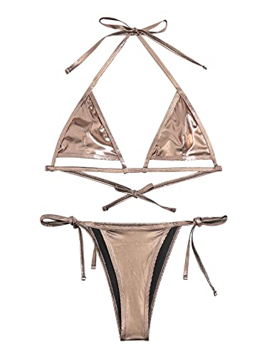 GORGLITTER Women's Sexy Metallic Swimsuit Cut Out Triangle Bikini Set Tie Side Thong Bathing Suit Champagne Medium