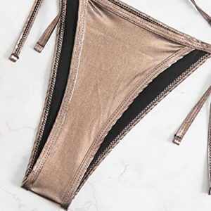 GORGLITTER Women's Sexy Metallic Swimsuit Cut Out Triangle Bikini Set Tie Side Thong Bathing Suit Champagne Medium