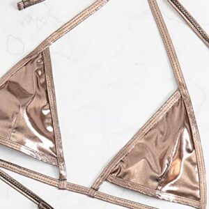 GORGLITTER Women's Sexy Metallic Swimsuit Cut Out Triangle Bikini Set Tie Side Thong Bathing Suit Champagne Medium