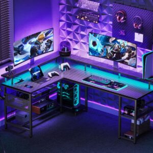 ODK 59" L Shaped Gaming Desk with Power Outlet and LED Lights, PC Gaming Table with USB Ports, Reversible L Shape Desk with Storage Shelves & Monitor Stand, Home Office Desk, Black Carbon Fiber