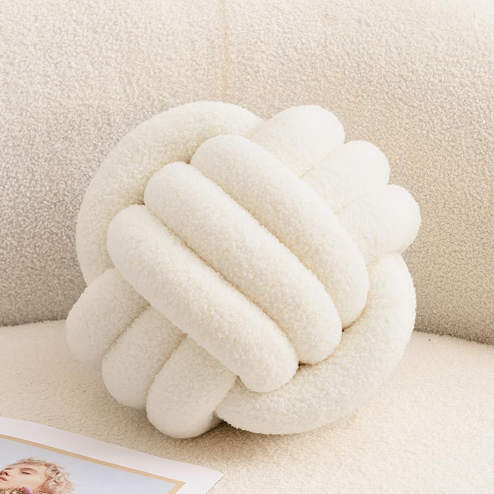 XIAIJIA Knot Pillow Ball Round Throw Pillow Decorative Pillow for Bed Soft Ball Pillow White Knotted Pillows Couch Cushions (Small,8.6inches)