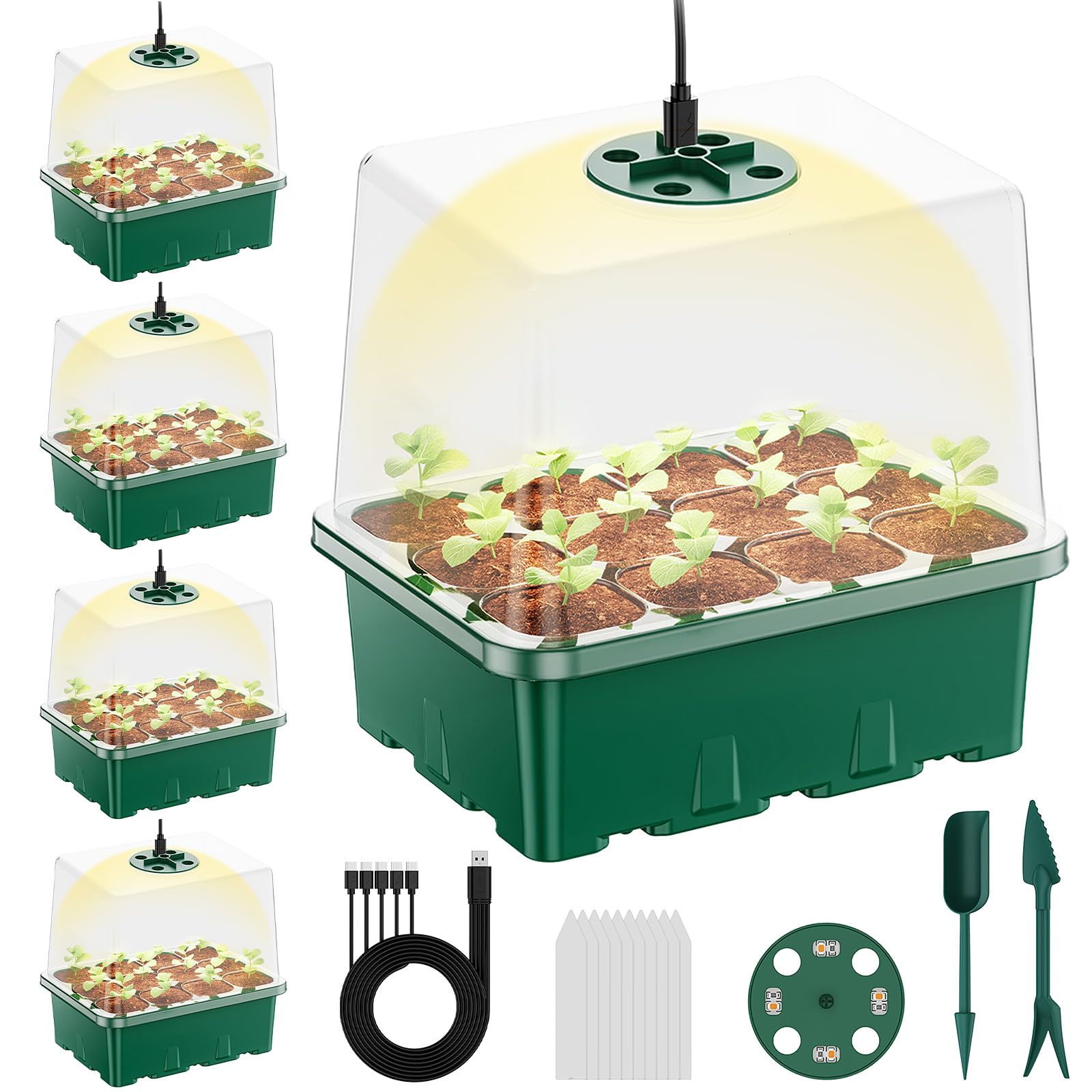 NBPLUS Seed Starter Tray with Grow Light, 5 Pack 60 Cells Seed Starter kit with Humidity Dome and Base, Plant Seedling Trays Indoor Greenhouse Gardening (Green 5 Pack)