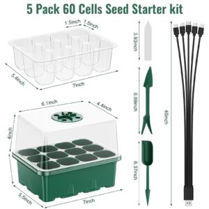 NBPLUS Seed Starter Tray with Grow Light, 5 Pack 60 Cells Seed Starter kit with Humidity Dome and Base, Plant Seedling Trays Indoor Greenhouse Gardening (Green 5 Pack)