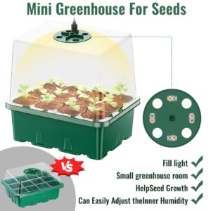 NBPLUS Seed Starter Tray with Grow Light, 5 Pack 60 Cells Seed Starter kit with Humidity Dome and Base, Plant Seedling Trays Indoor Greenhouse Gardening (Green 5 Pack)