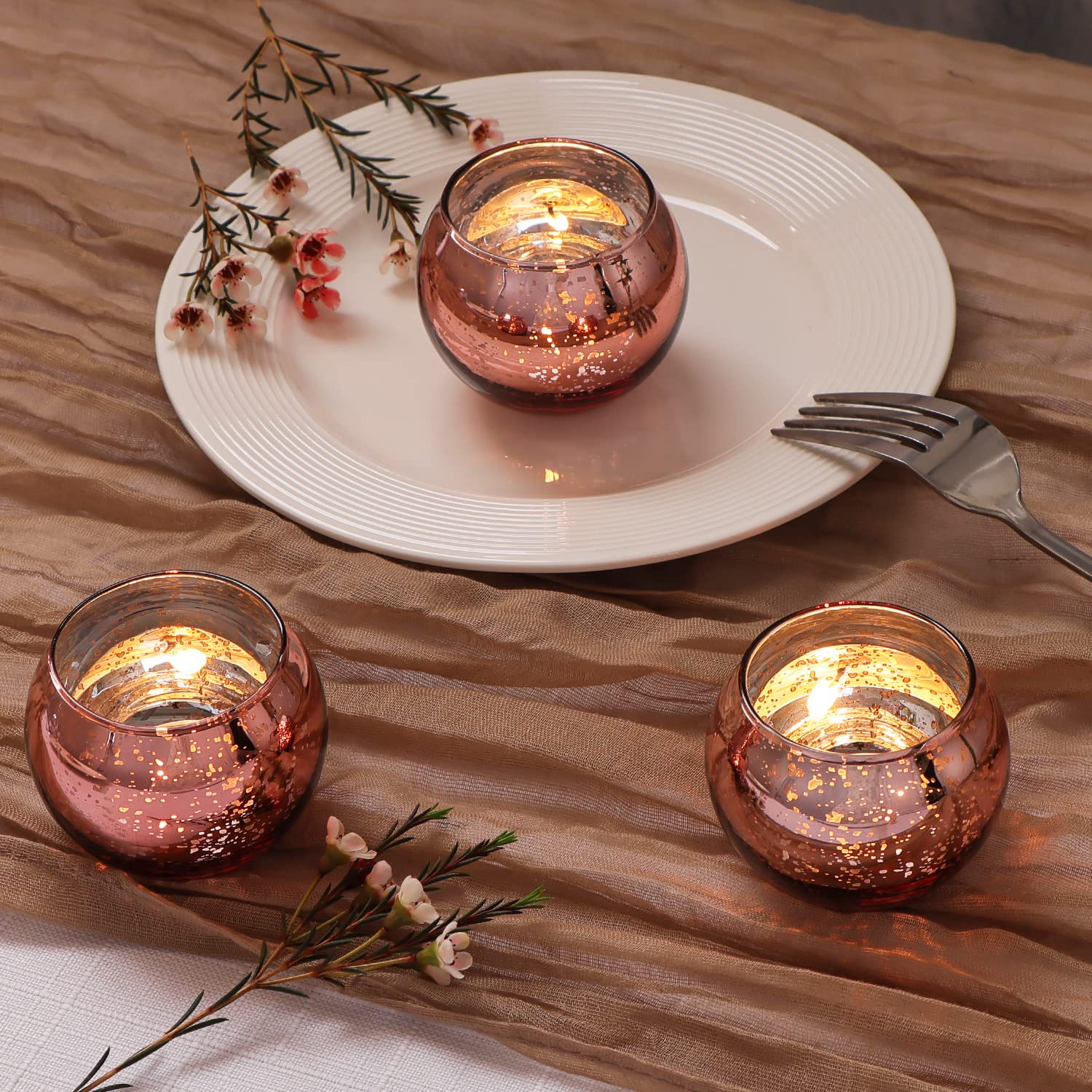 Volens 24PCS Rose Gold Votive Candle Holders for Table Centerpieces, Round Mercury Glass Candle Holders Bulk for Wedding, Bridal Shower, Birthday, Home, and Anniversary Decorations