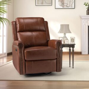 HULALA HOME Genuine Leather Power Recliner Chair with USB Port, Modern Electric Swivel Rocker Glider Recliner with Nailhead Trim & Metal Base- for Living Room Bedroom Home Theater, Brown