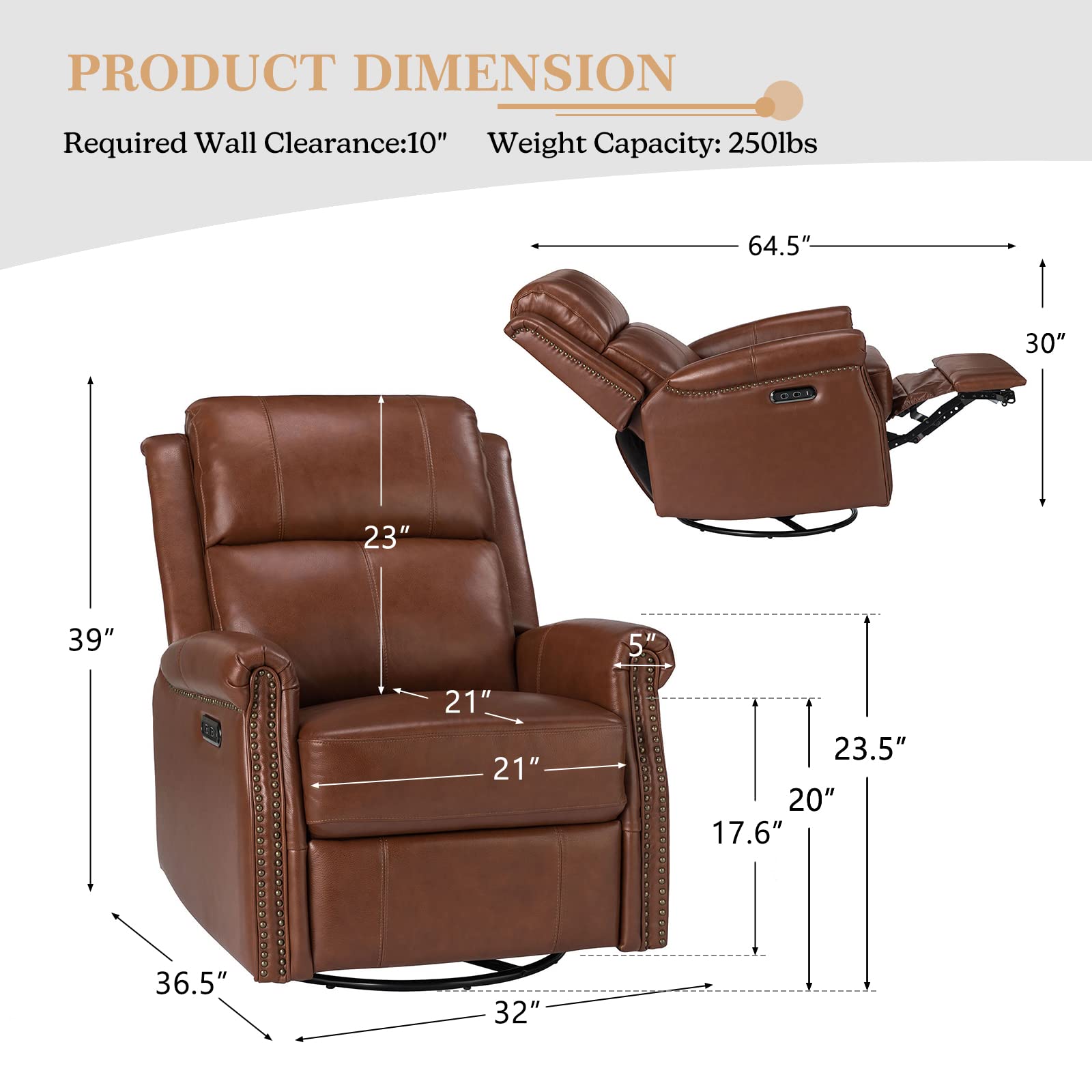 HULALA HOME Genuine Leather Power Recliner Chair with USB Port, Modern Electric Swivel Rocker Glider Recliner with Nailhead Trim & Metal Base- for Living Room Bedroom Home Theater, Brown