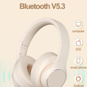 Intoberp Wireless Bluetooth Headphones Over Ear, 40 Hours Playtime Wireless Headphones with Microphone,Foldable Light Weight Headset with HiFi Stereo Sound for Travel Work (Beige)