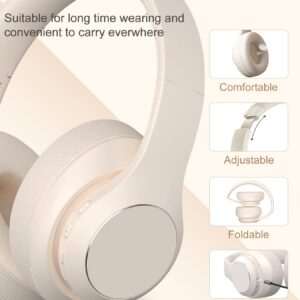 Intoberp Wireless Bluetooth Headphones Over Ear, 40 Hours Playtime Wireless Headphones with Microphone,Foldable Light Weight Headset with HiFi Stereo Sound for Travel Work (Beige)