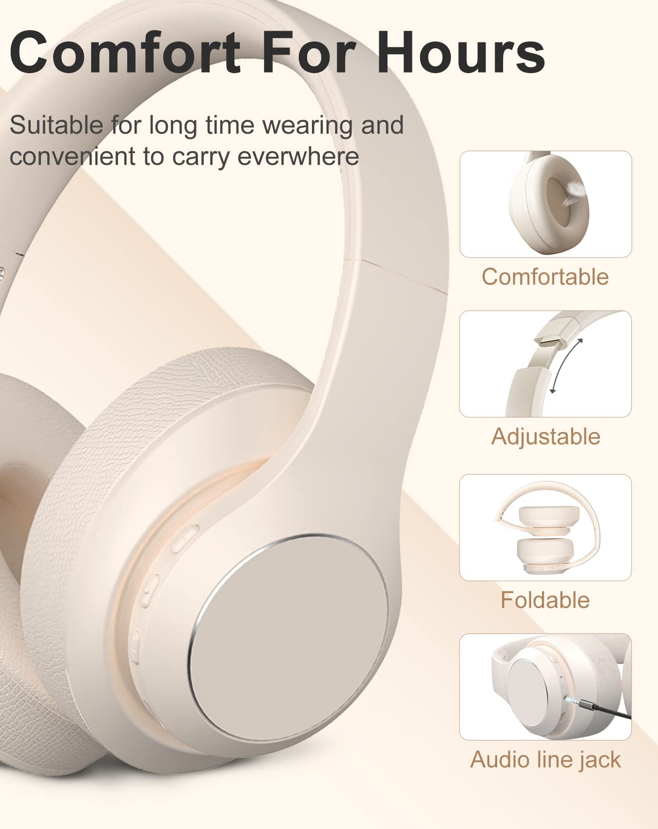 Intoberp Wireless Bluetooth Headphones Over Ear, 40 Hours Playtime Wireless Headphones with Microphone,Foldable Light Weight Headset with HiFi Stereo Sound for Travel Work (Beige)