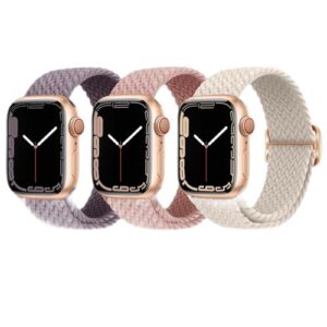 vntov 3 pack braided bands compatible for apple watch band 38mm 40mm 41mm women men, adjustable stretchy bands elastic sport wristbands for iwatch series 8 7 6 5 4 3 2 1 se (smoke violet / nude pink /