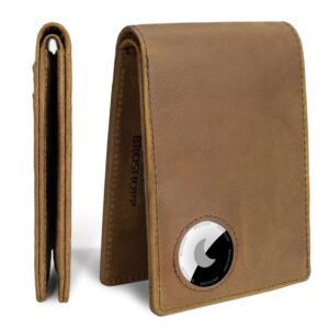 BROSHOPP AirTag Wallet Men, Bifold Genuine Leather Rfid Blocking AirTag Wallet with Cash Slots ID Window, Compatible Apple Air Tag Holder