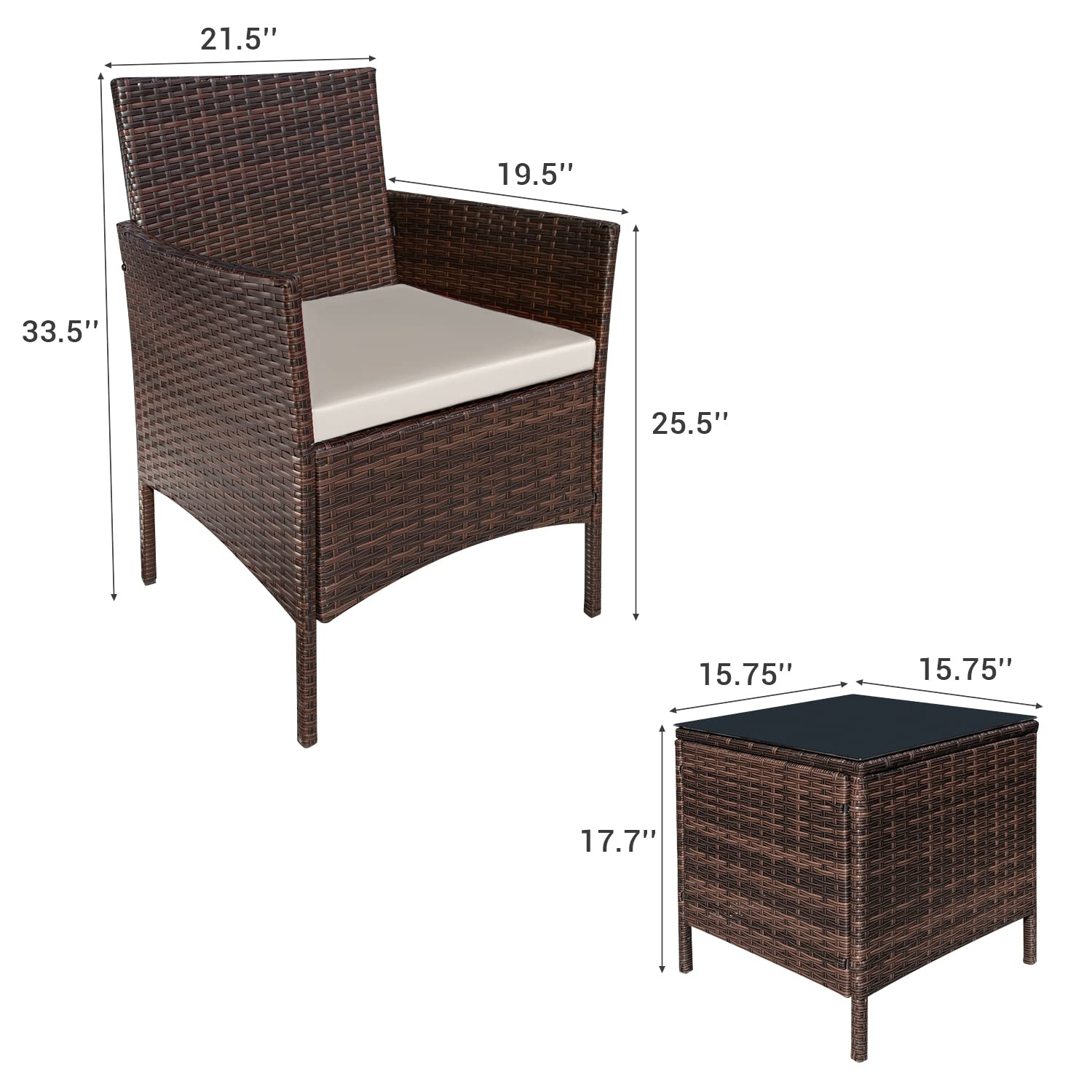 Greesum 3 Pieces Patio Dining PE Rattan Wicker Chair Furniture Set with Cushion and Glass Coffee Table for Outdoor Garden Backyard Poolside, Brown and Beige