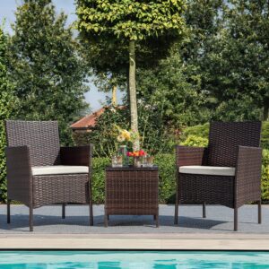 Greesum 3 Pieces Patio Dining PE Rattan Wicker Chair Furniture Set with Cushion and Glass Coffee Table for Outdoor Garden Backyard Poolside, Brown and Beige