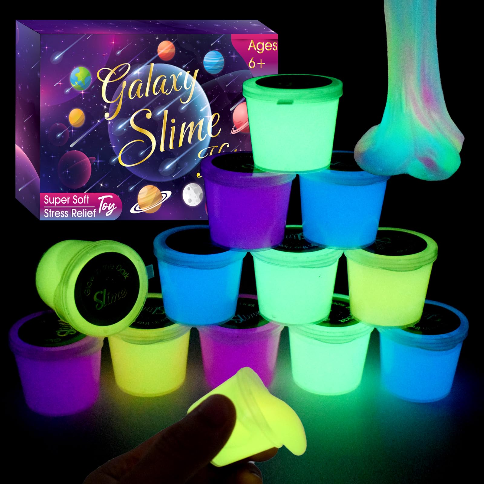 12 Pack Galaxy Slime Kit Glow in The Dark Galaxy Slime Set, Slime Party Favors for Girls Boys, DIY Putty Slime Stress Relief Toy for Goodie Bags Stuffers Christmas Easter Toys