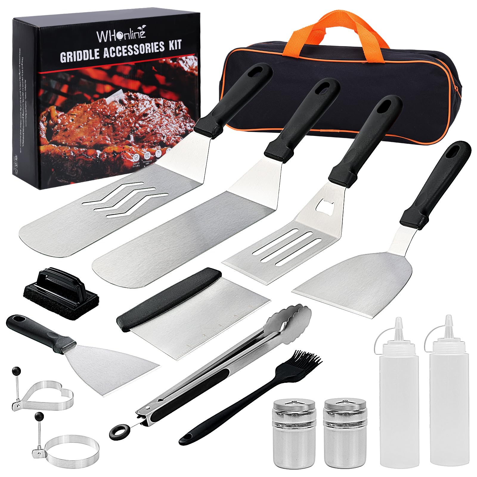 Whonline Griddle Accessories, 16pcs, Griddle Spatula Set for Blackstone and Camp Chef Stainless Steel BBQ Accessories with Spatula, Scraper, Bottle, Tongs, Egg Ring