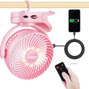 VANPRT 6'' Portable Hanging RV Tent fan with Remote Control,10000mAh Battery Camping Fan with LED light and Timer, 40 Hours Working Time Rechargeable Clip Fan, as Emergency Power - Pink