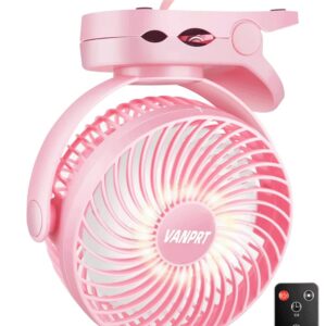 VANPRT 6'' Portable Hanging RV Tent fan with Remote Control,10000mAh Battery Camping Fan with LED light and Timer, 40 Hours Working Time Rechargeable Clip Fan, as Emergency Power - Pink