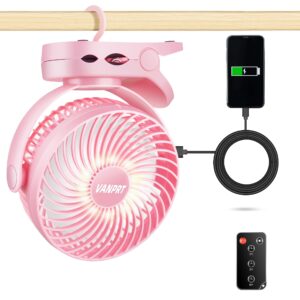 VANPRT 6'' Portable Hanging RV Tent fan with Remote Control,10000mAh Battery Camping Fan with LED light and Timer, 40 Hours Working Time Rechargeable Clip Fan, as Emergency Power - Pink