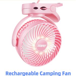 VANPRT 6'' Portable Hanging RV Tent fan with Remote Control,10000mAh Battery Camping Fan with LED light and Timer, 40 Hours Working Time Rechargeable Clip Fan, as Emergency Power - Pink