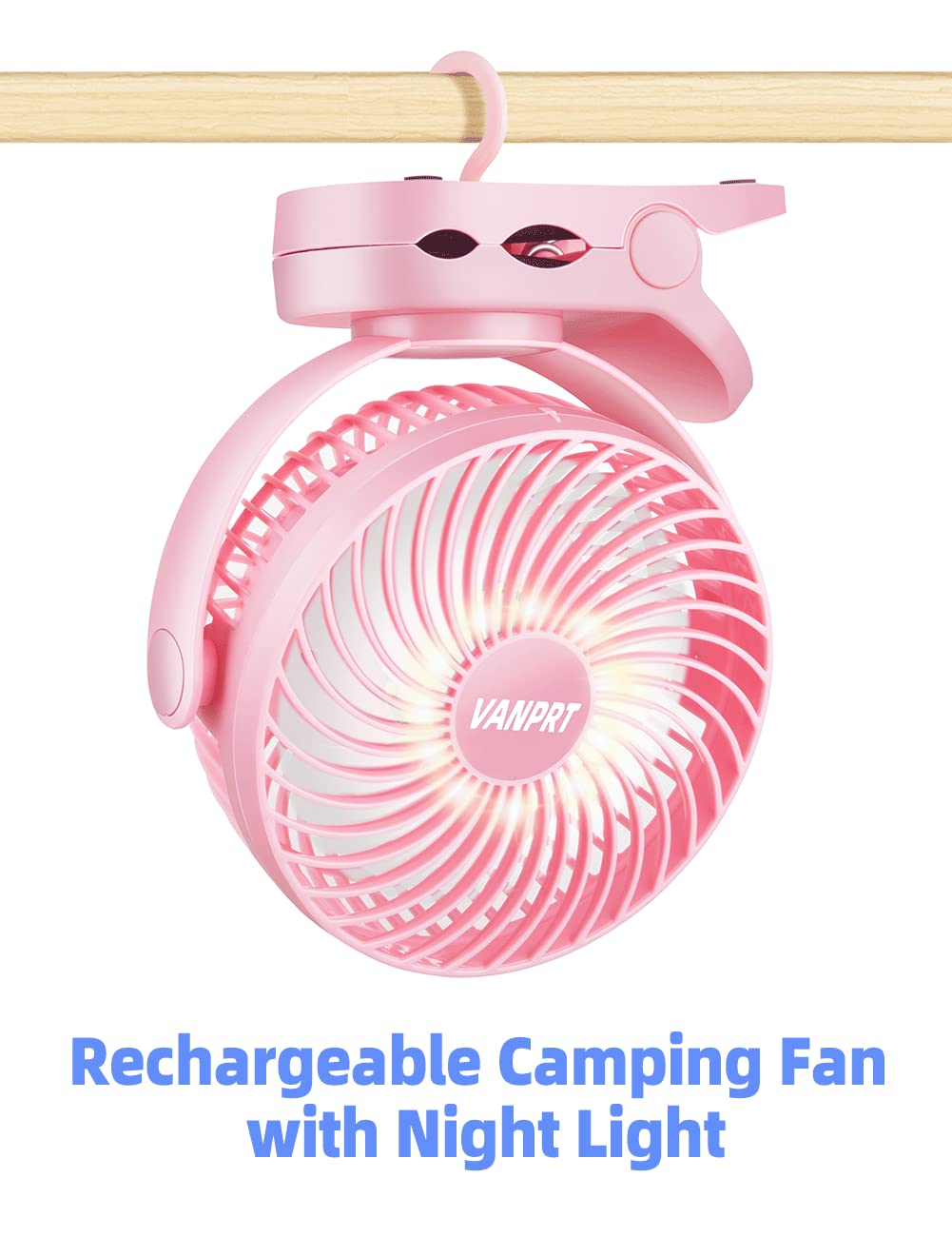 VANPRT 6'' Portable Hanging RV Tent fan with Remote Control,10000mAh Battery Camping Fan with LED light and Timer, 40 Hours Working Time Rechargeable Clip Fan, as Emergency Power - Pink