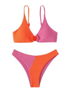 soly hux women's sexy bikini set color block ring linked bathing suits 2 piece swimsuit orange and pink s