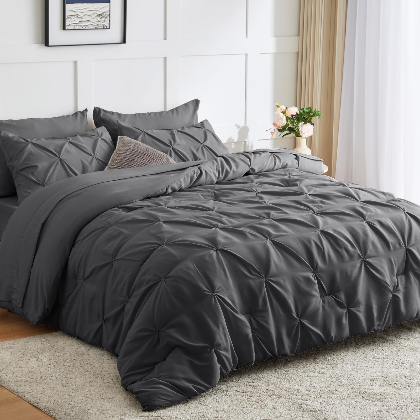 CozyLux Queen Comforter Set - 7 Pieces Comforters Queen Size Dark Grey, Pintuck Bed in A Bag Gray Pinch Pleat Bedding Sets with All Season Comforter, Flat Sheet, Fitted Sheet and Pillowcases & Shams