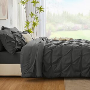 CozyLux Queen Comforter Set - 7 Pieces Comforters Queen Size Dark Grey, Pintuck Bed in A Bag Gray Pinch Pleat Bedding Sets with All Season Comforter, Flat Sheet, Fitted Sheet and Pillowcases & Shams